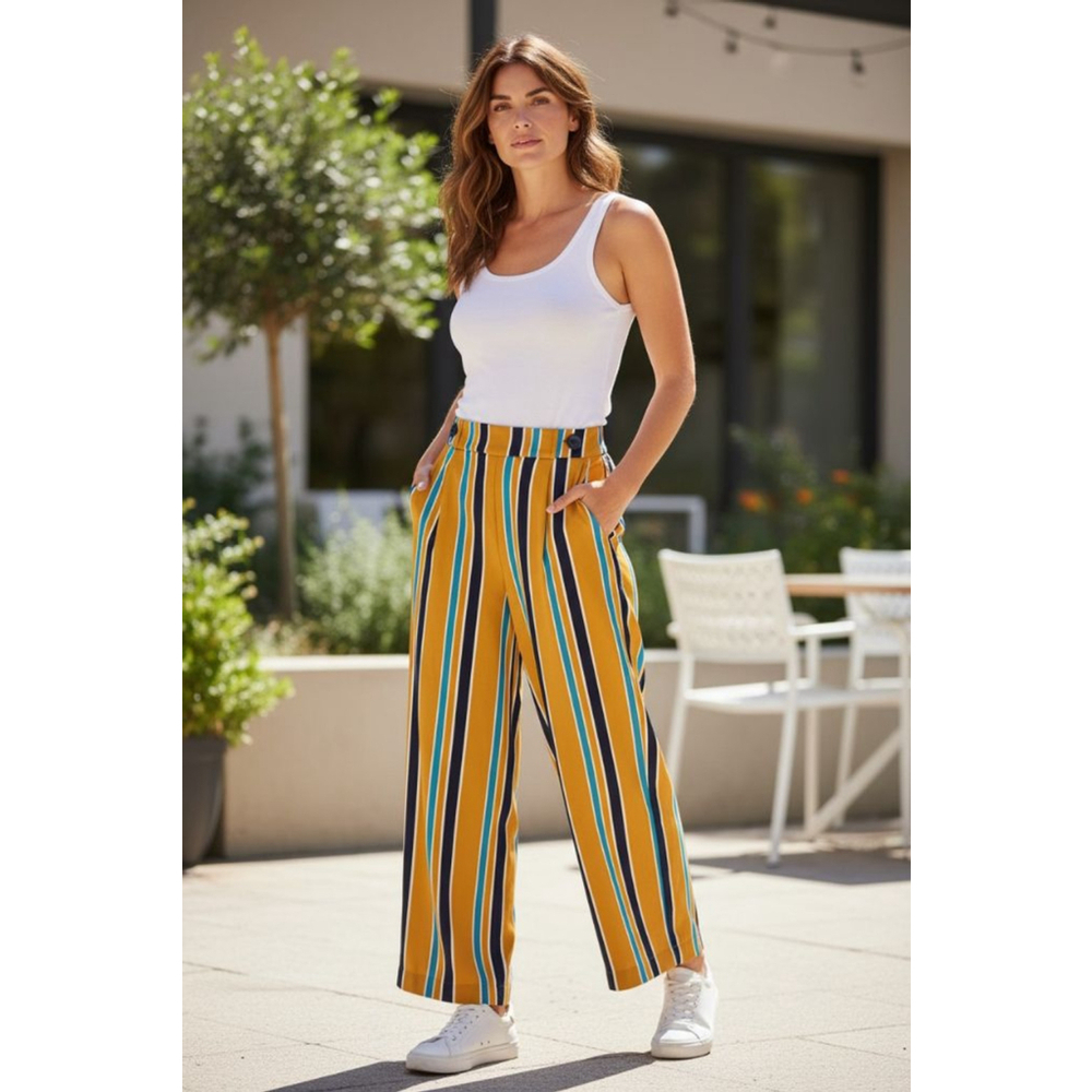 Women's Yellow & Blue Striped Wide Leg Pants S Zara Lightweight